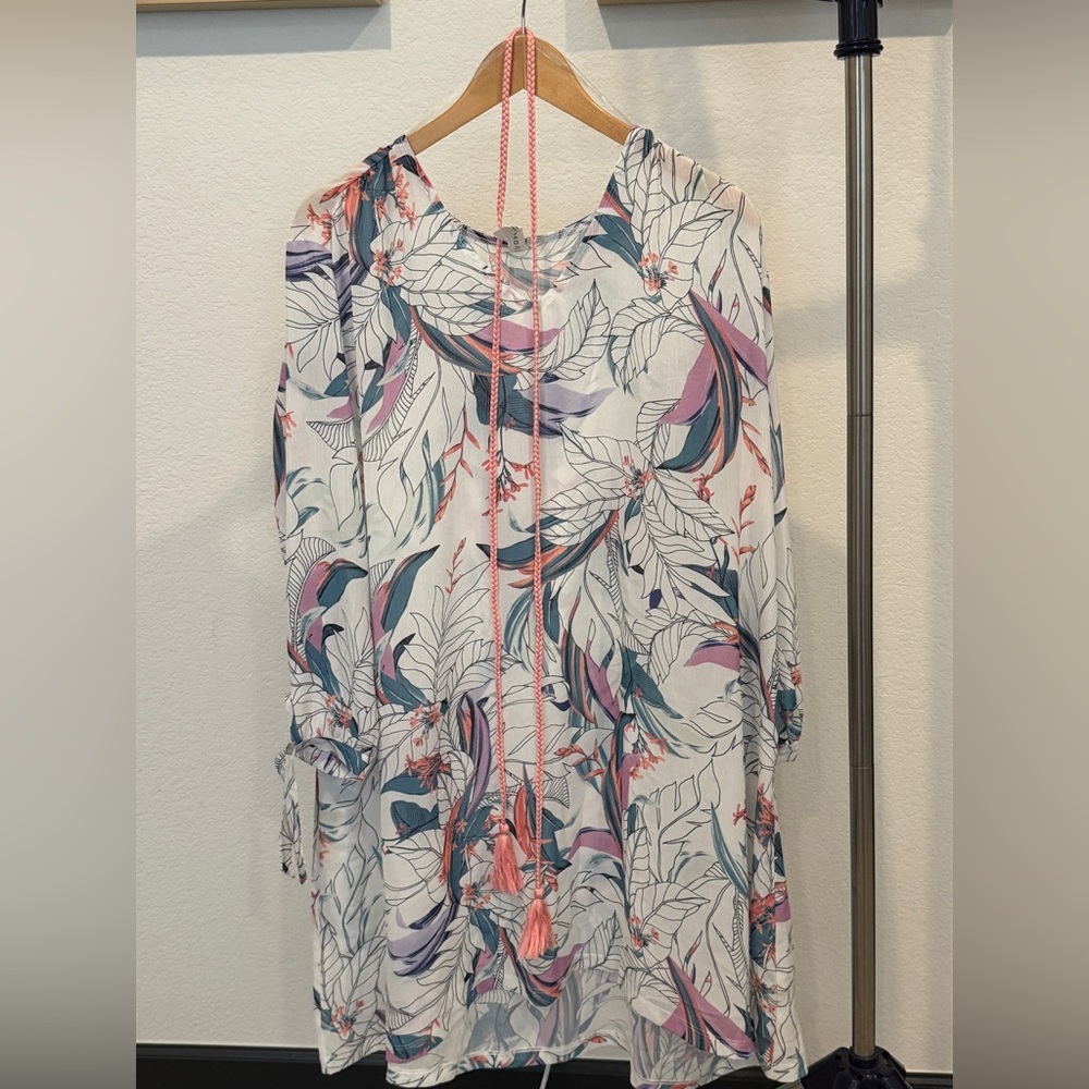 Tropical Floral Tunic Dress XL | Tassel Tie | Boho Cover Up | Vacation